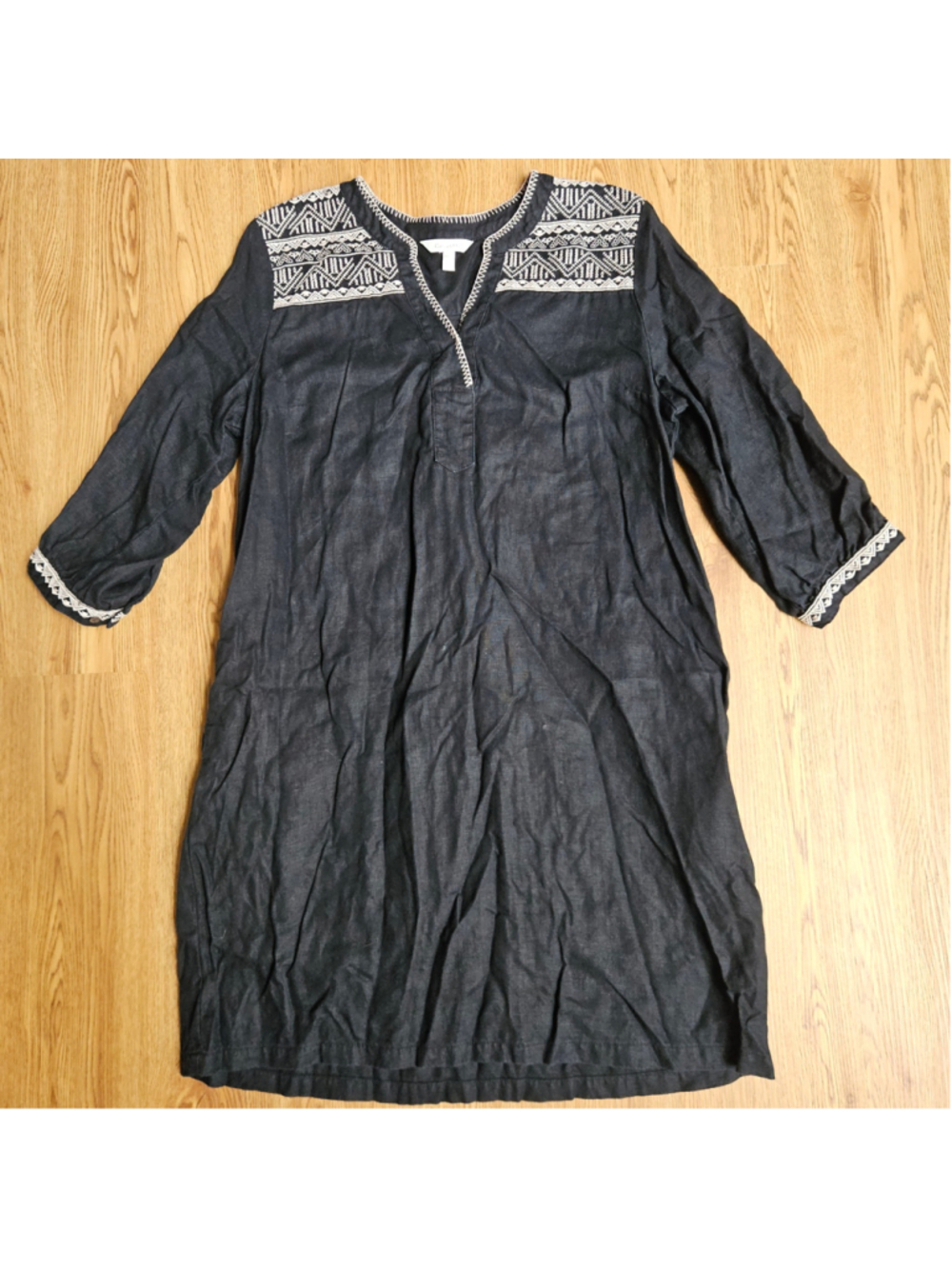 Garnet Hill Linen European Flax Black Tribal Embroidered Dress Womens Large
